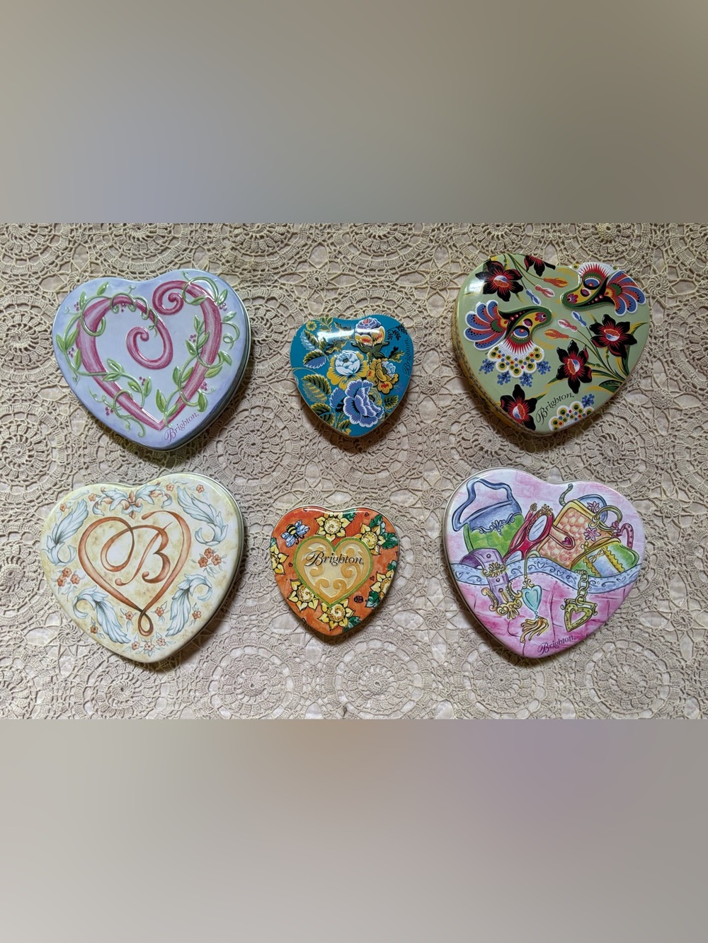 Brighton EMPTY Jewelry Metal Heart Shaped Tins Lot of 6 Boxes Various Designs